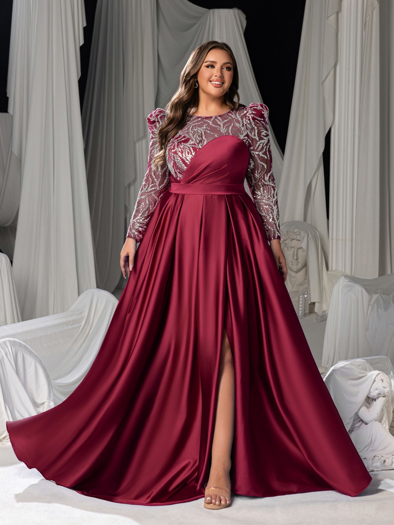Plus Women's Sequin Bodice Formal Gown | Long Sleeves | Full Flared Skirt