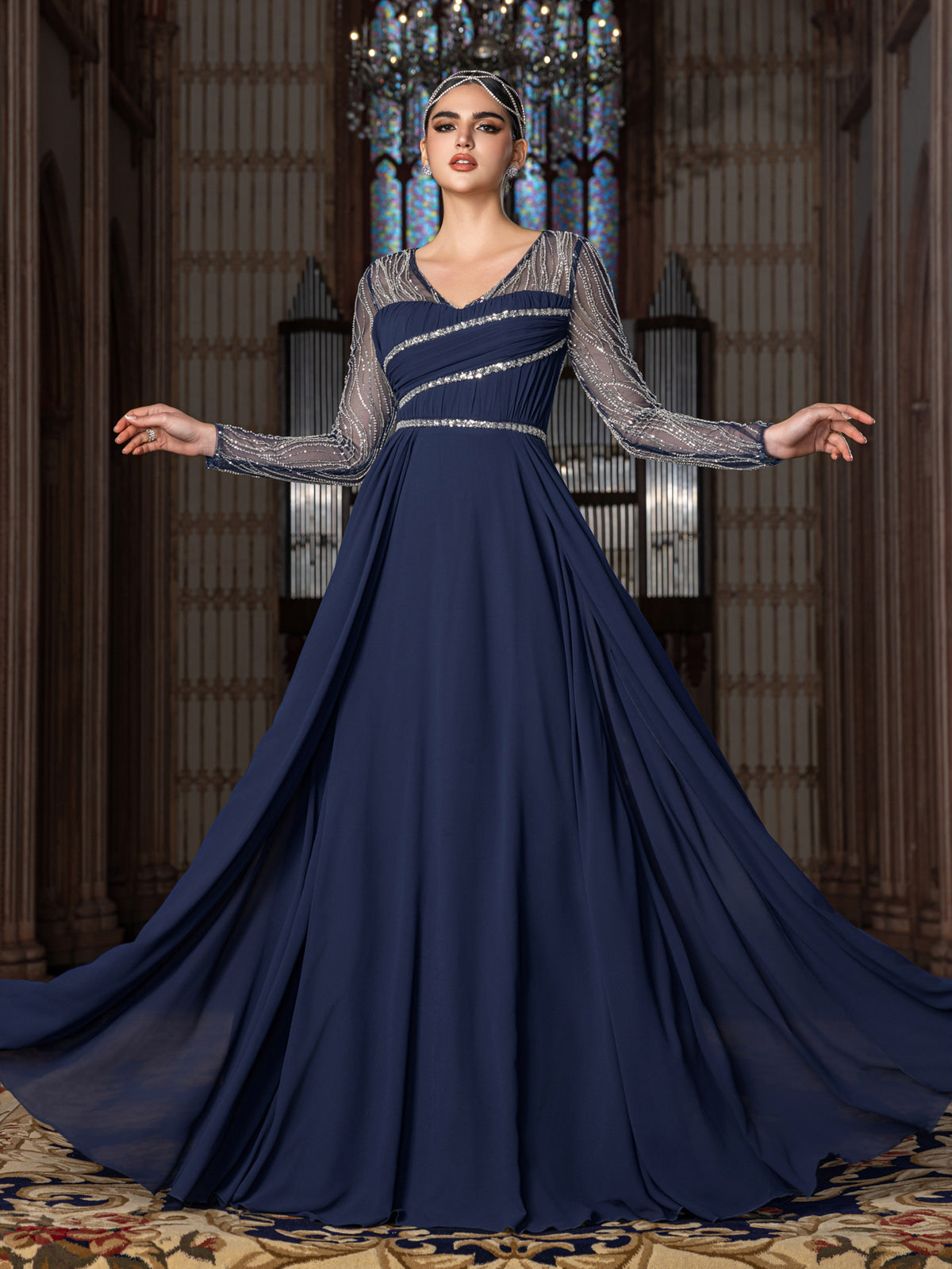 Elegant Chiffon V-Neck Evening Gown with Silver Sequined Translucent Sleeves & Floor-Length Skirt
