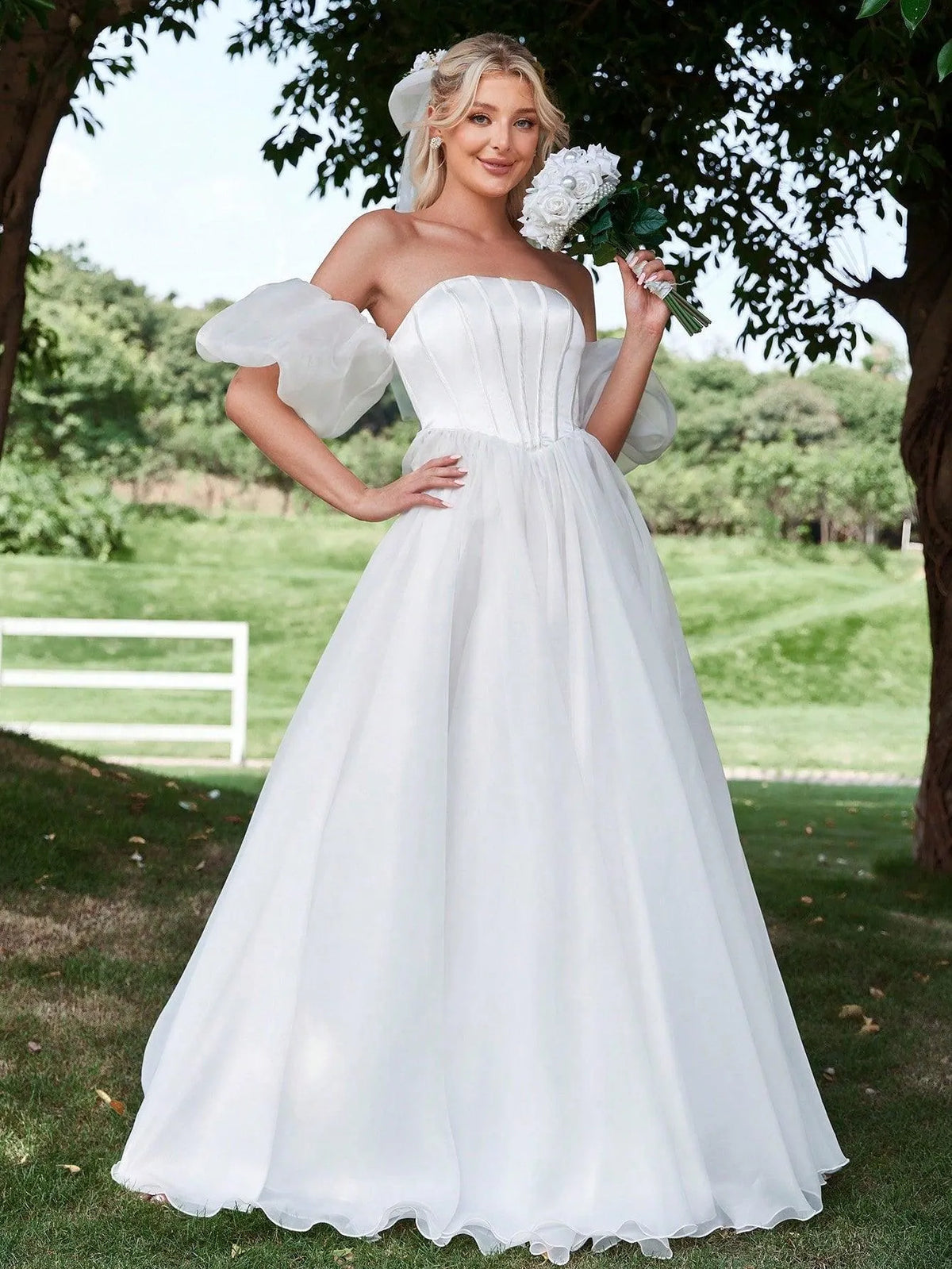 Satin Bodice Contrast Organza Tube Wedding Dress - Elonnashop