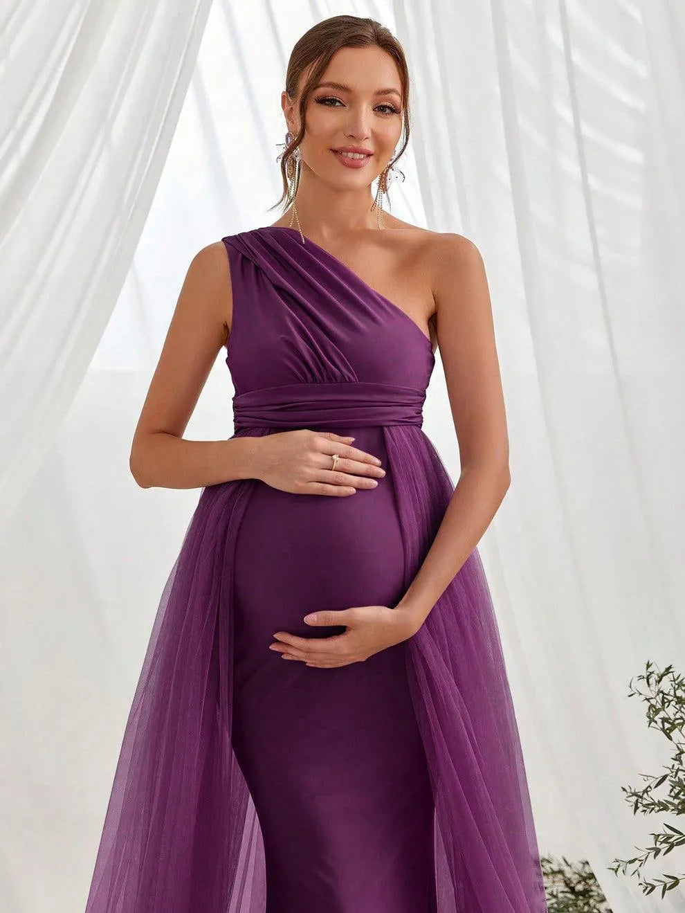 Maternity One Shoulder Contrast Mesh Mermaid Prom Dress - Elonnashop