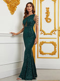 One Shoulder Sleeveless Chain Detail Sequin Mermaid Dress - Elonnashop