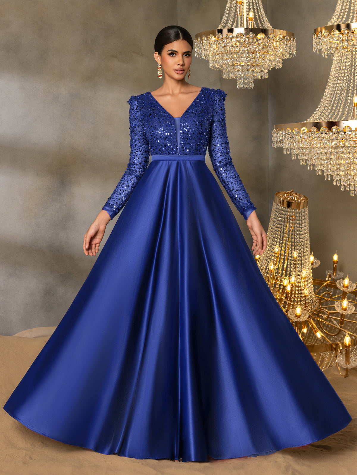 Elegant V-Neck Long Sleeve Evening Gown with Puffed Sleeve Detailing, Sequin Beaded Embellishments, Thin Waist Belt & Satin A-Line Skirt | Elegant Formal Dress for Special Occasions