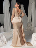 Plus Size Deep V-Neck Lace-Up Back Beaded Mermaid Evening Gown - Formal Dress with Belted Waist