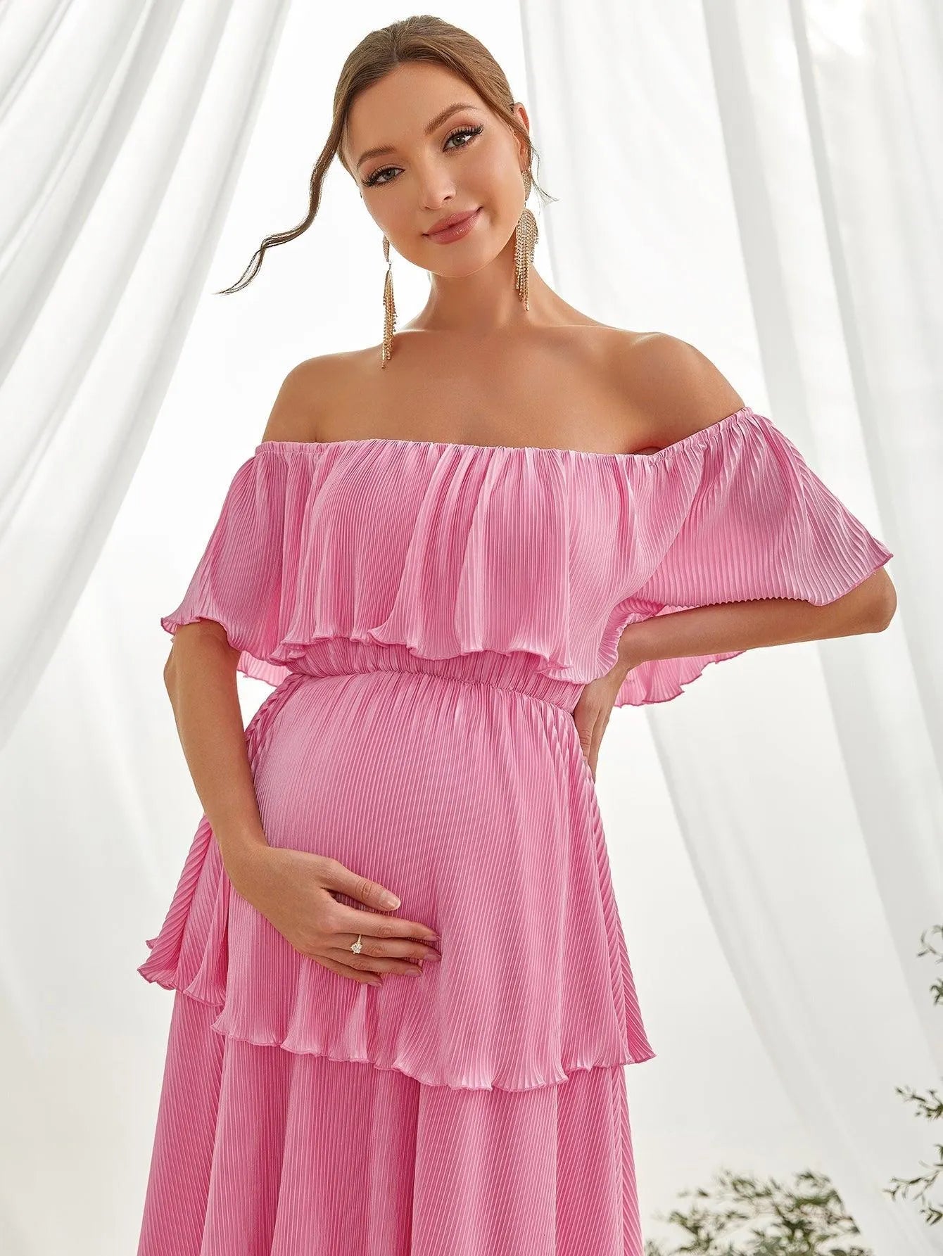 Maternity Solid Off Shoulder Layered Hem Dress - Elonnashop