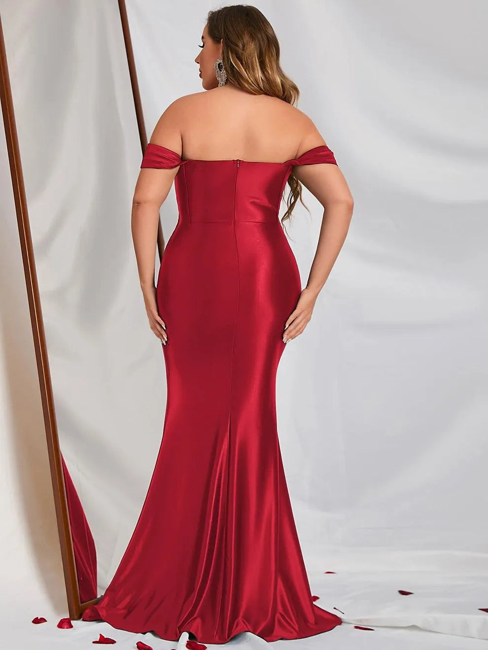 Plus Off Shoulder Satin Mermaid Dresses - Elonnashop