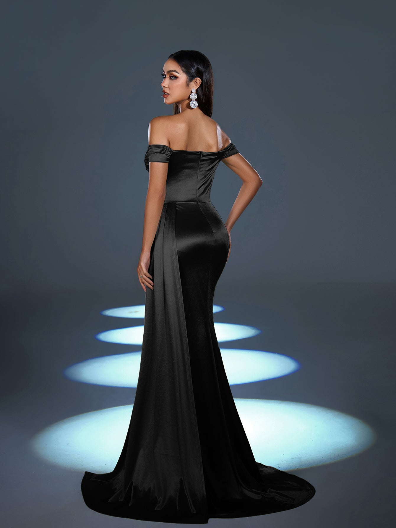 Elegant Satin Off-Shoulder Mermaid Gown | Sculpted Ruching & High Thigh Slit