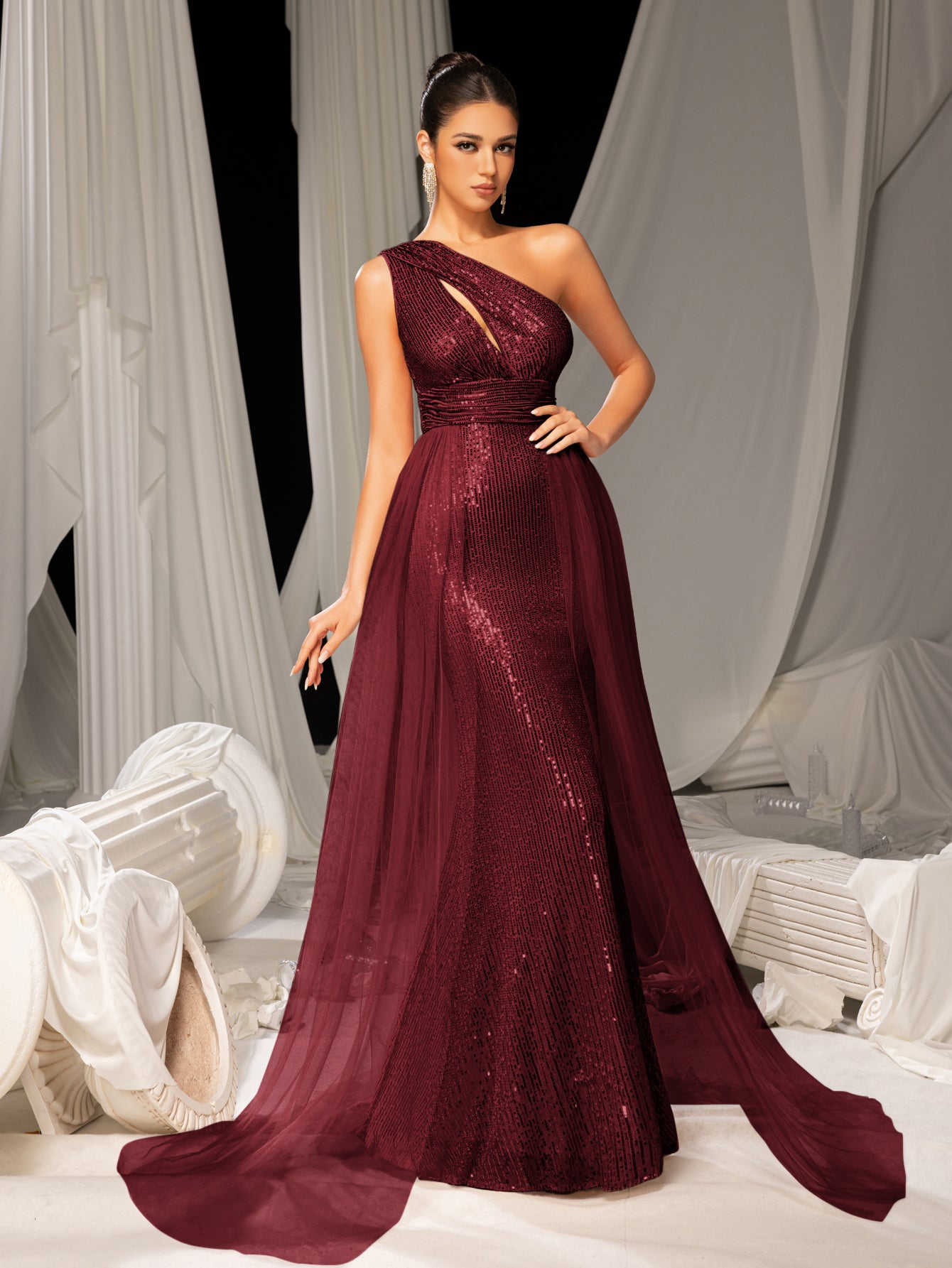 Elegant One Shoulder Sleeveless Mesh Overlay Sequin Formal Prom Dress Evening Dress