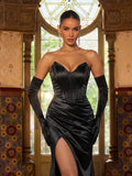 Elegant Ruched Wrap Hem Satin Tube Prom Dress（Gloves Included）