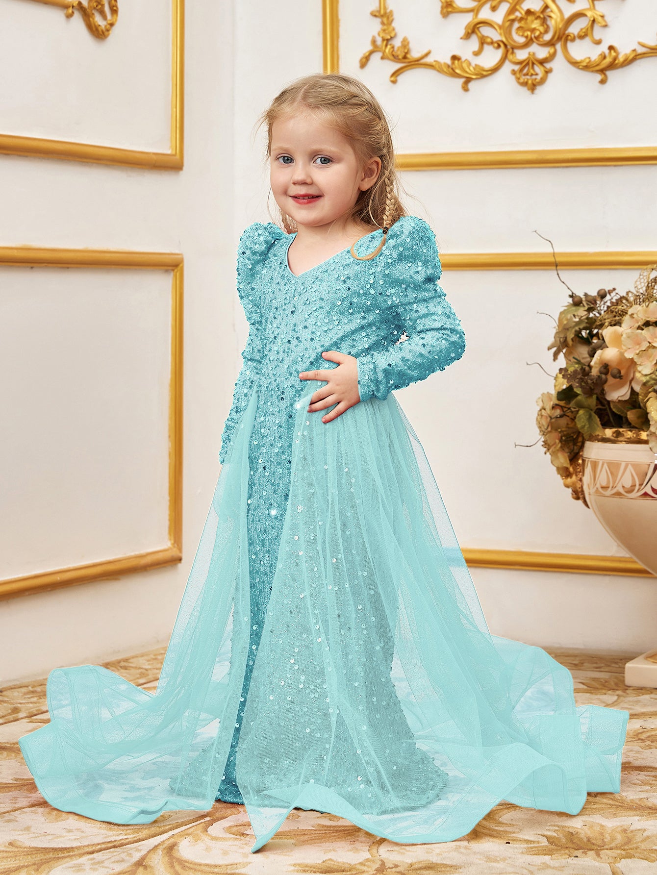 Young Girls' Long Sleeves Mesh Overlay Sequin Mermaid Dress