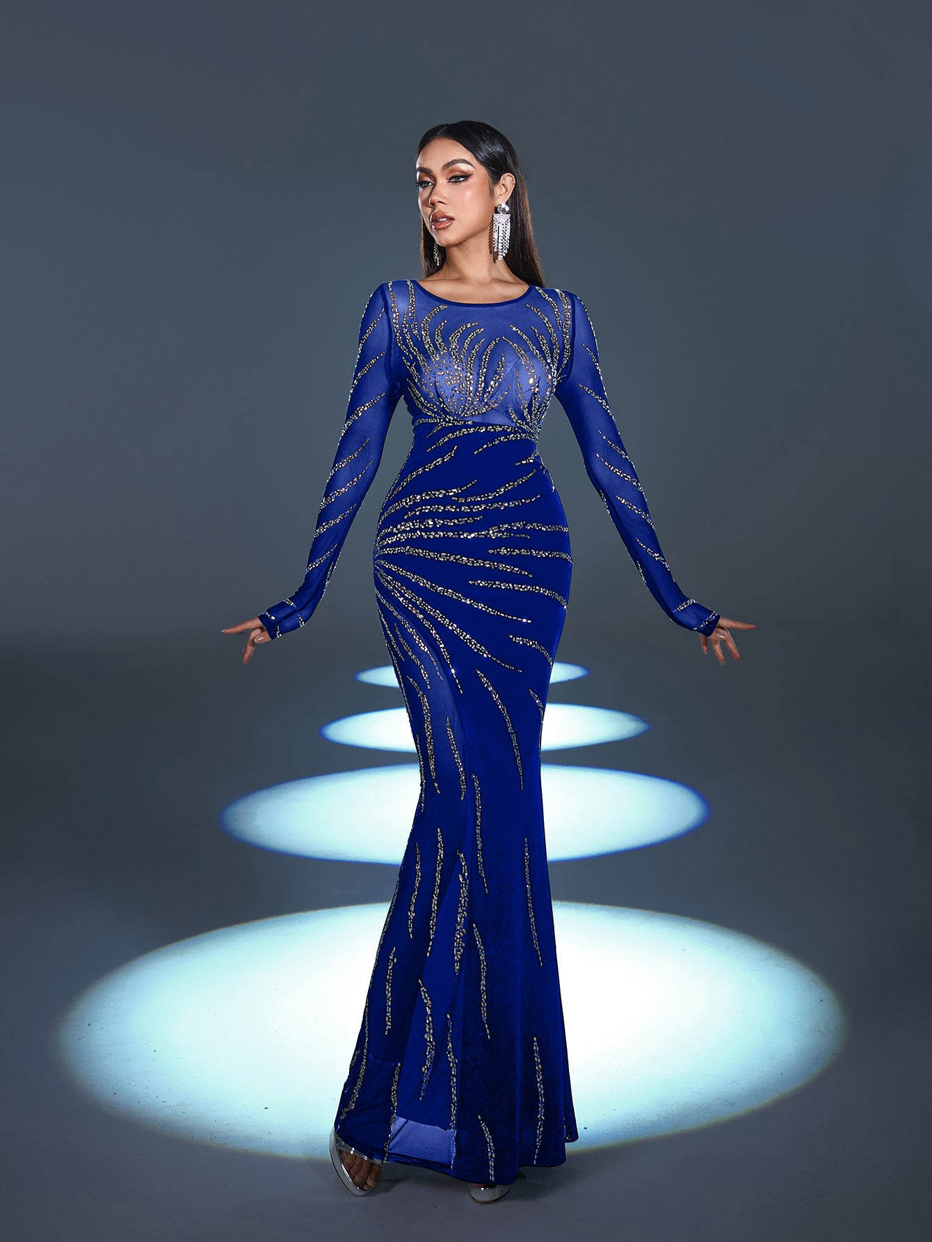 Gorgous Rhinestone Embellished Sheer Sleeves Mermaid Hem Velvet Evening Dress