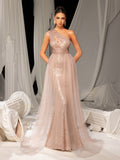 Elegant One Shoulder Sleeveless Mesh Overlay Sequin Formal Prom Dress