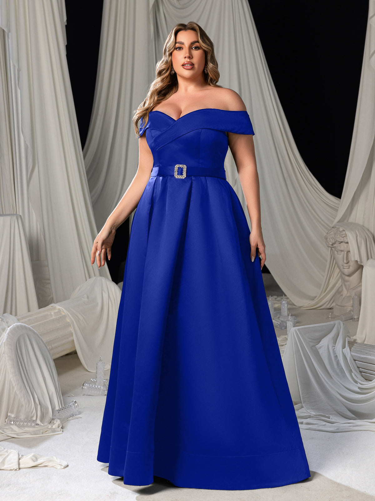 Plus Off Shoulder Buckle Belted Satin Ball Gown Evening Dress