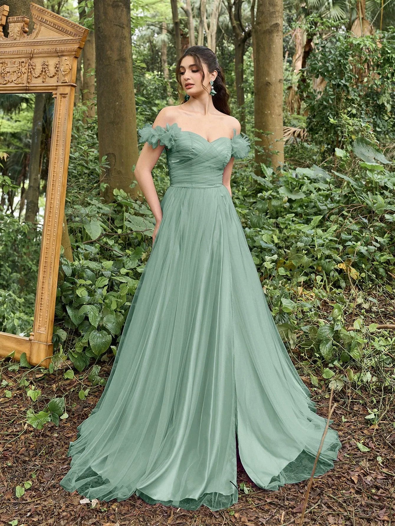 Elegant Off Shoulder Ruched Bust Split Thigh Tulle Prom Dress - Elonnashop