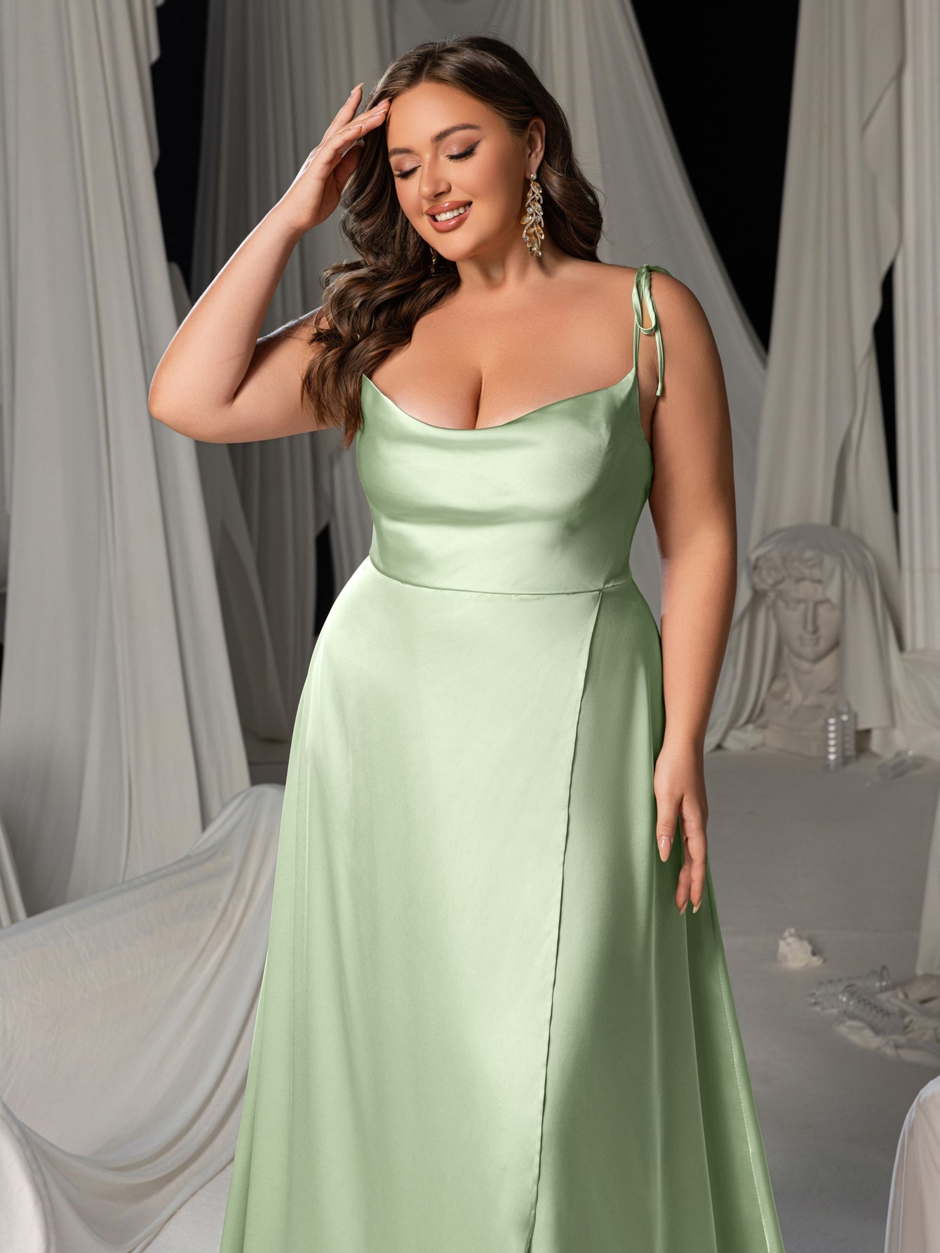 Plus Satin Spaghetti Straps Formal Evening Dress with High Slit