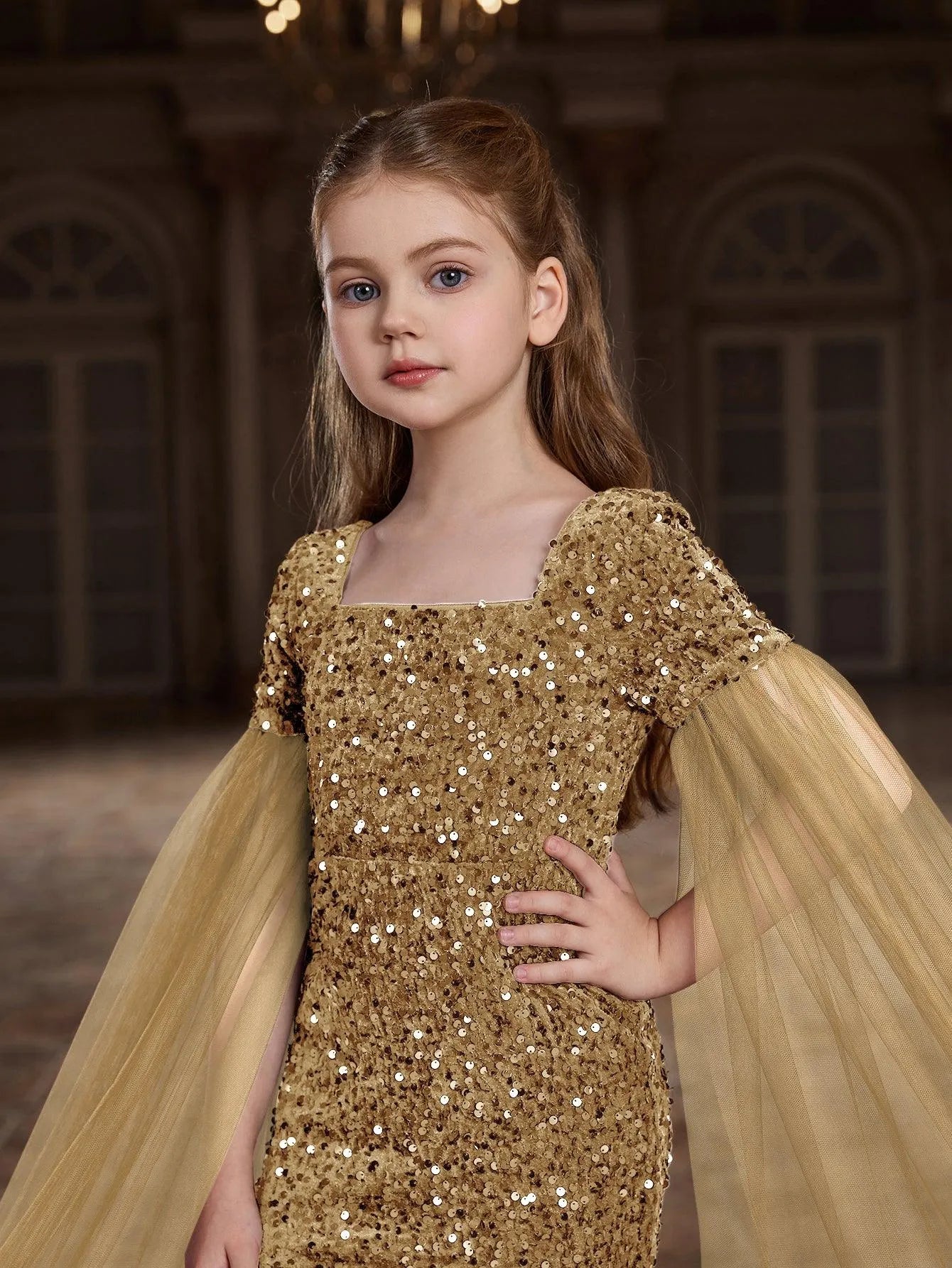 Tween Girls' Square Collar Cloak Sleeves Sequin Mermaid Dress - Elonnashop