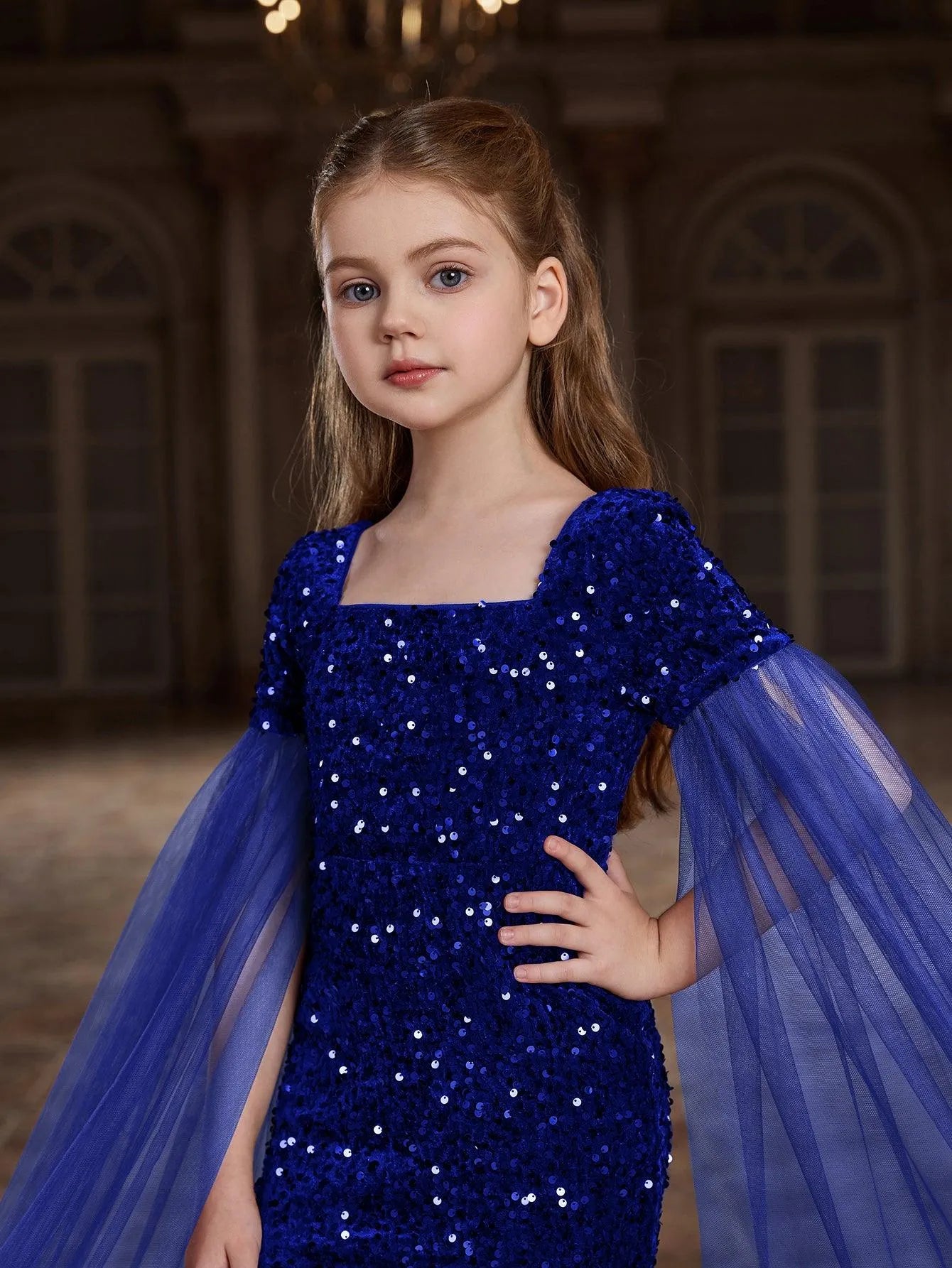 Tween Girls' Square Collar Cloak Sleeves Sequin Mermaid Dress - Elonnashop