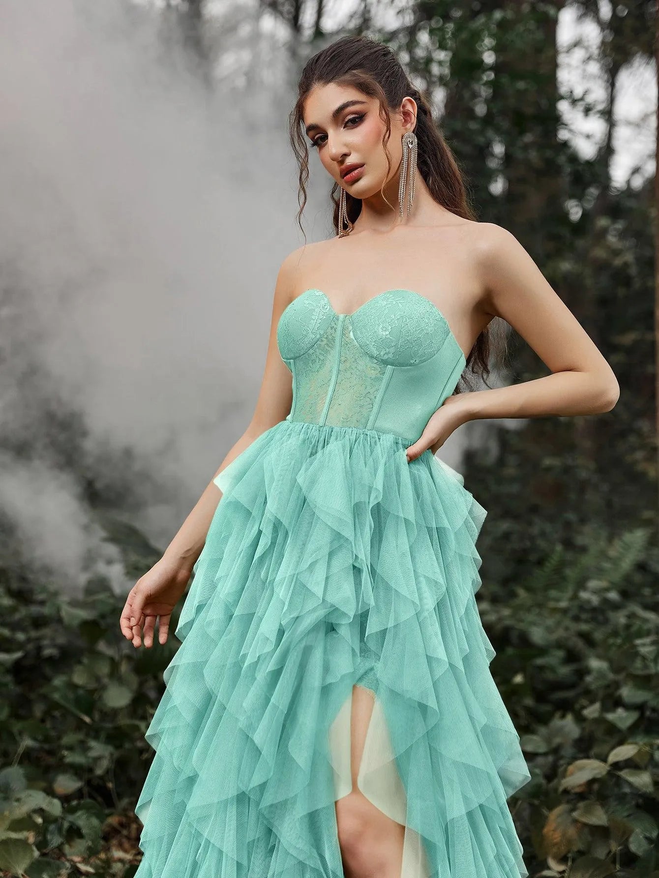 Elegant Lace Bodice Contrast Split Ruffle Layered Hem Prom Tube Dress - Elonnashop