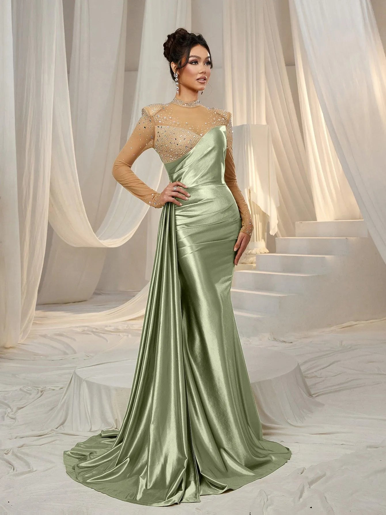 Rhinestone Detail Mock Neck Satin Mermaid Prom Dress - Elonnashop