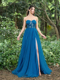 Elegant Strapless Applique Detail Bustier Split Tulle Prom Dress - Elonnashop