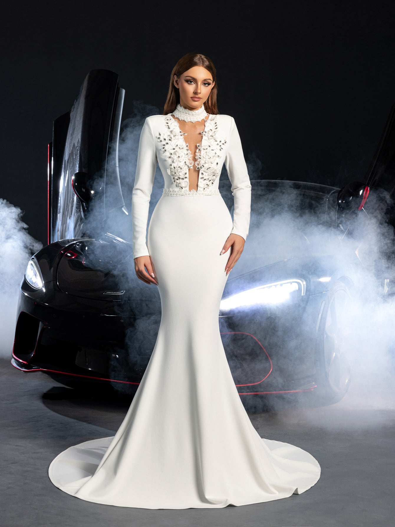 Elegant Applique Embellished Mock Neck Long Sleeves Mermaid Hem Wedding Dress