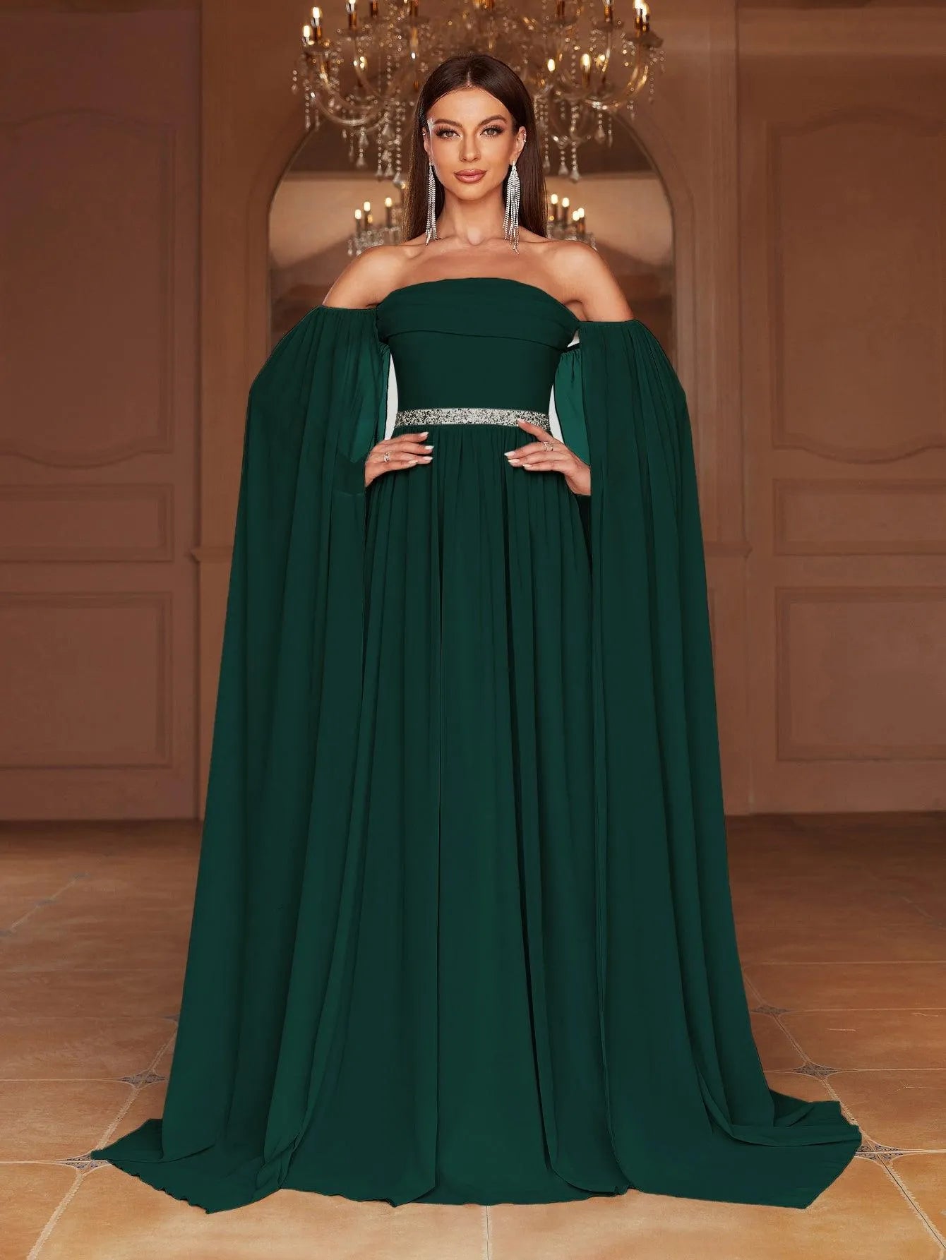 Elegant Off Shoulder Extra-Long Sleeves Chiffon Prom Dress - Elonnashop