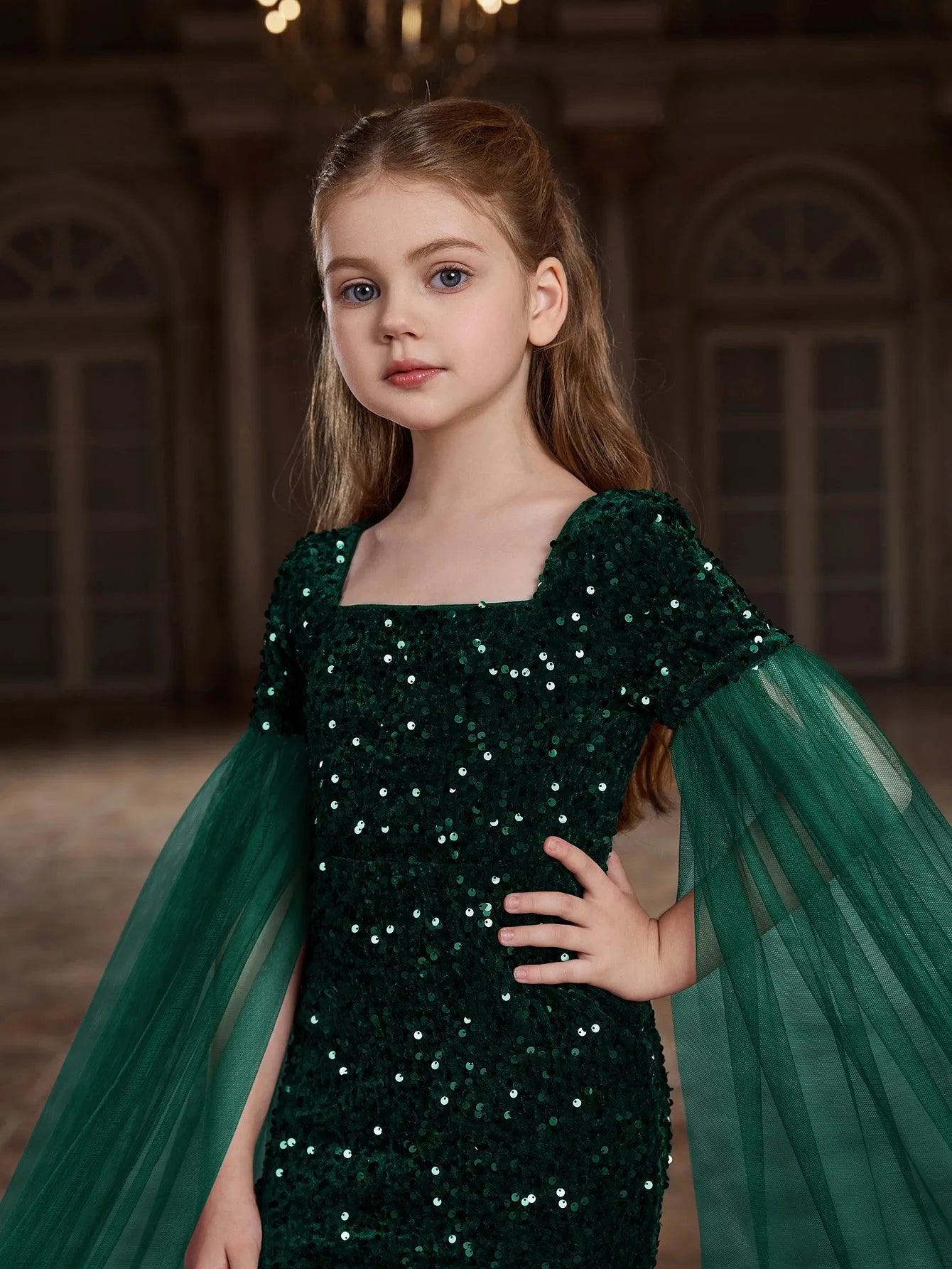 Tween Girls' Square Collar Cloak Sleeves Sequin Mermaid Dress - Elonnashop