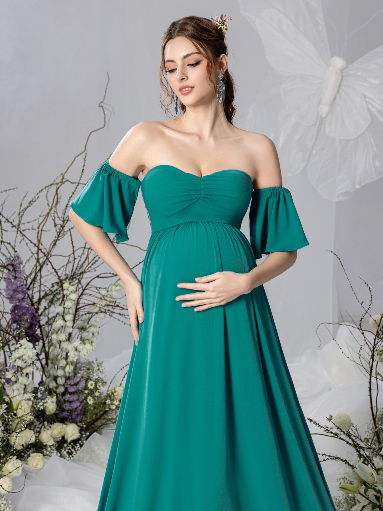 Maternity Off Shoulder Flared Sleeves Maxi Prom Dress