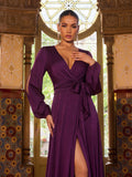 Elegant V Neck Slit Long Sleeve A-Line Dress