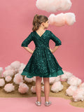 Tween-Mädchen-Partykleid mit Schleifendetail und 3/4-Ärmeln und Pailletten 