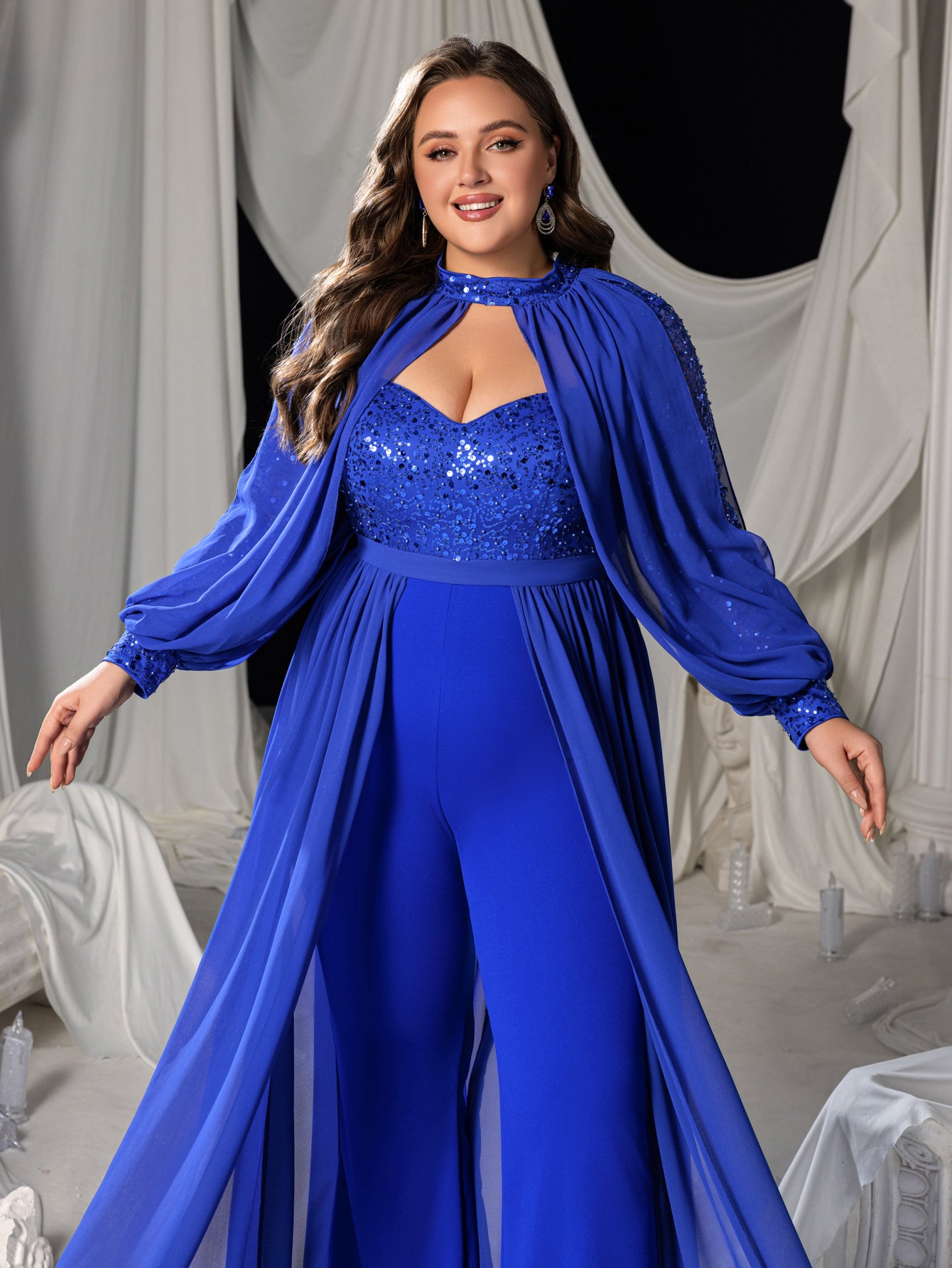 Plus Lantern Sleeves Chiffon Overlay Sequin Party Jumpsuit