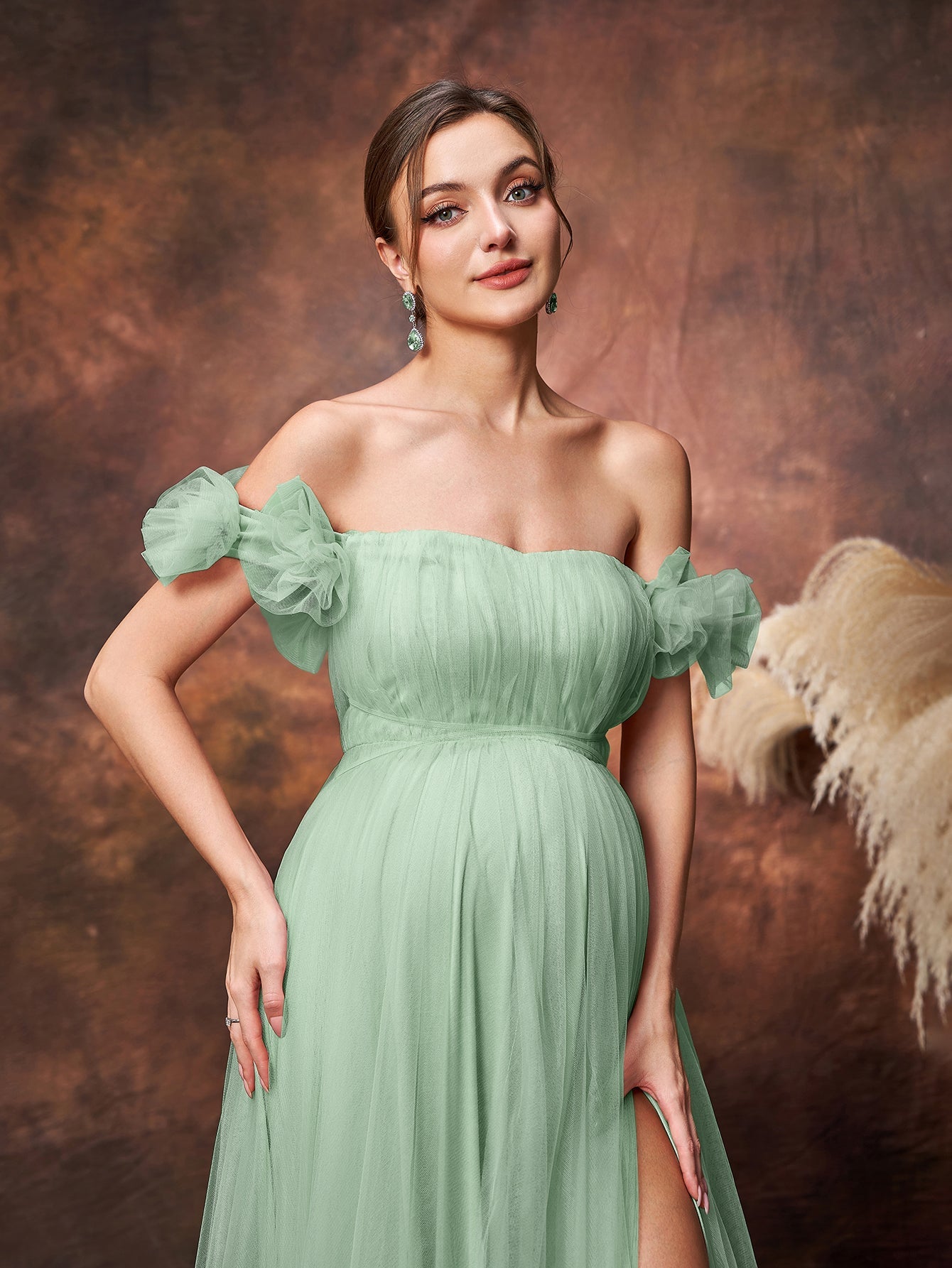 Maternity Off Shoulder Ruched Bust Split Tulle Evening Dress