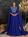 Elegant Chiffon Evening Gown with Beaded Sequin Embellished Bodice, Cape-Style Sleeves & Flowy Floor-Length Skirt, Back Beaded Detail