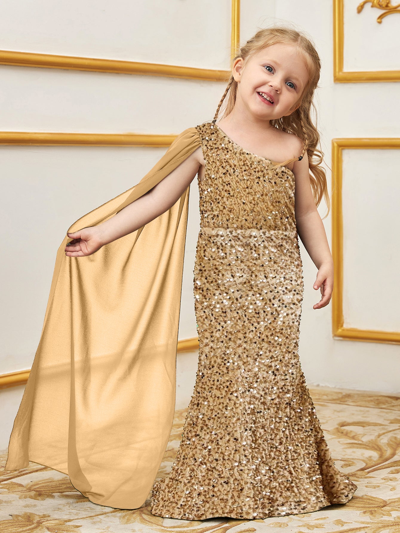 Young Girls' Draped Side Sequin Mermaid Party Dress