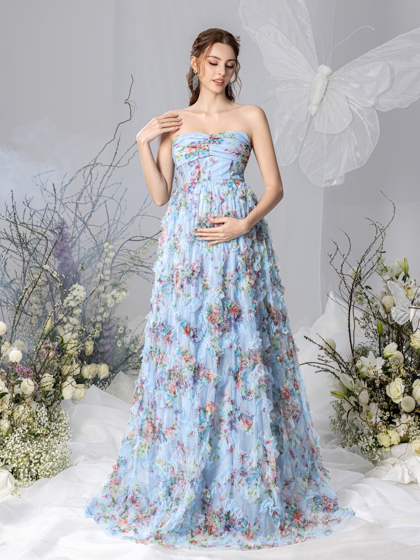 Maternity Strapless Ruffle Trim Floral Mesh Party Dress