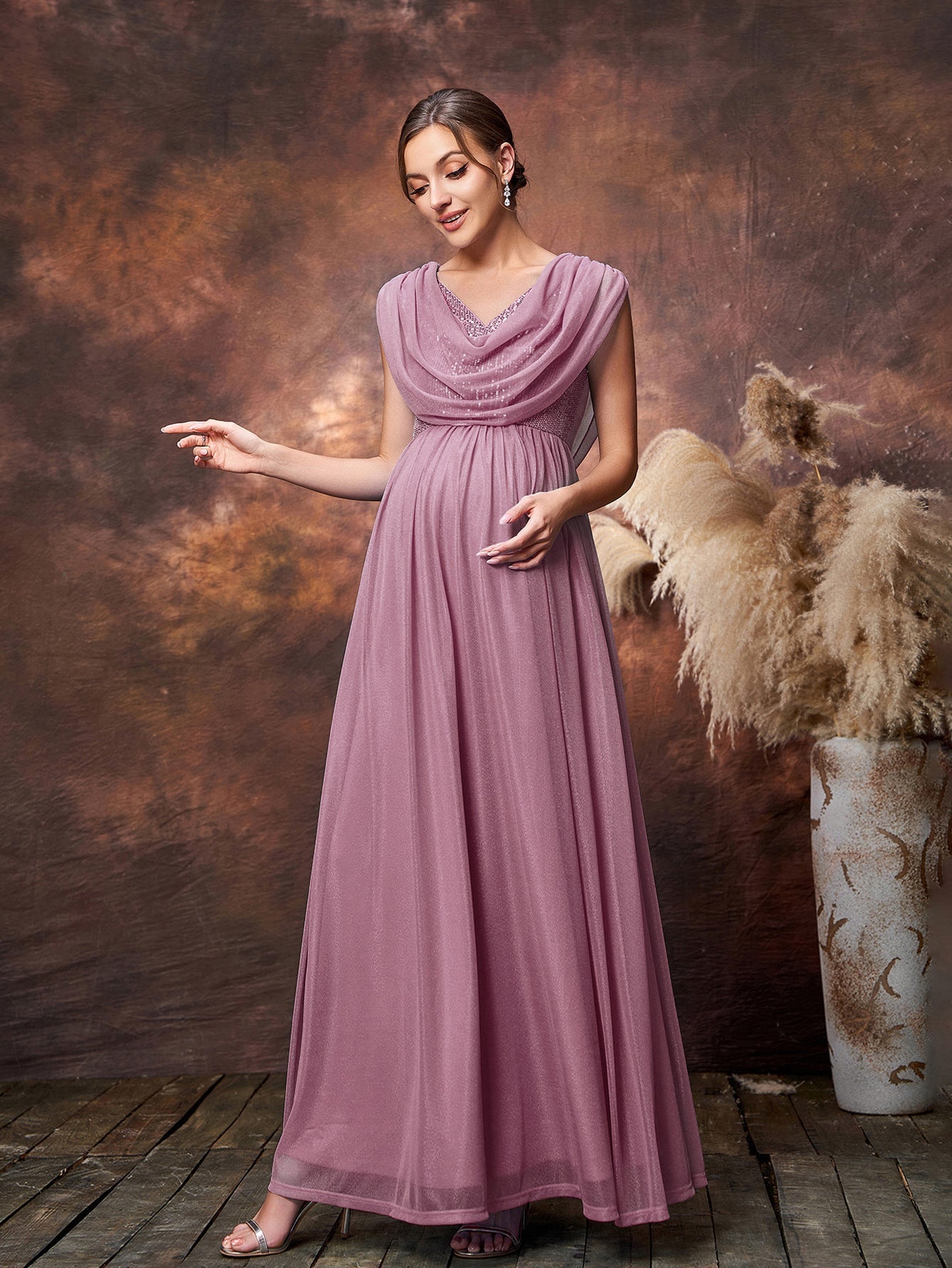 Maternity Draped Neckline Contrast Sequin Formal Party Dress