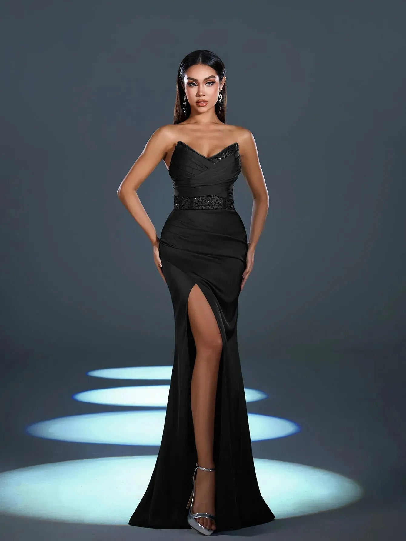 Elegant Strapless Contrast Sequin Split Thigh Satin Mermaid Party Dress