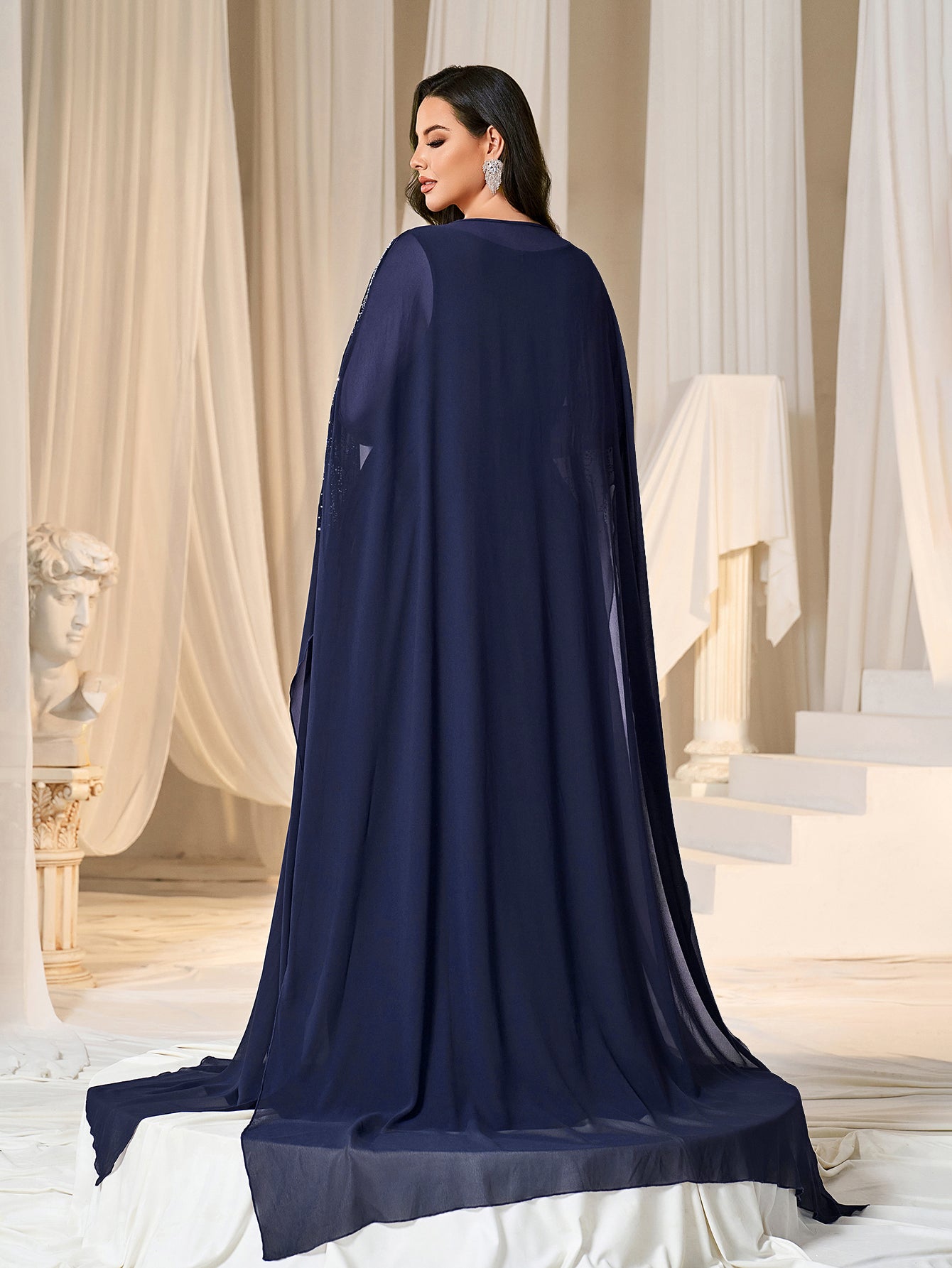 Plus Gorgeous Two-Piece Chiffon Evening Dress | Rhinestone Cape Sleeves & A-Line Skirt with Cathedral Train