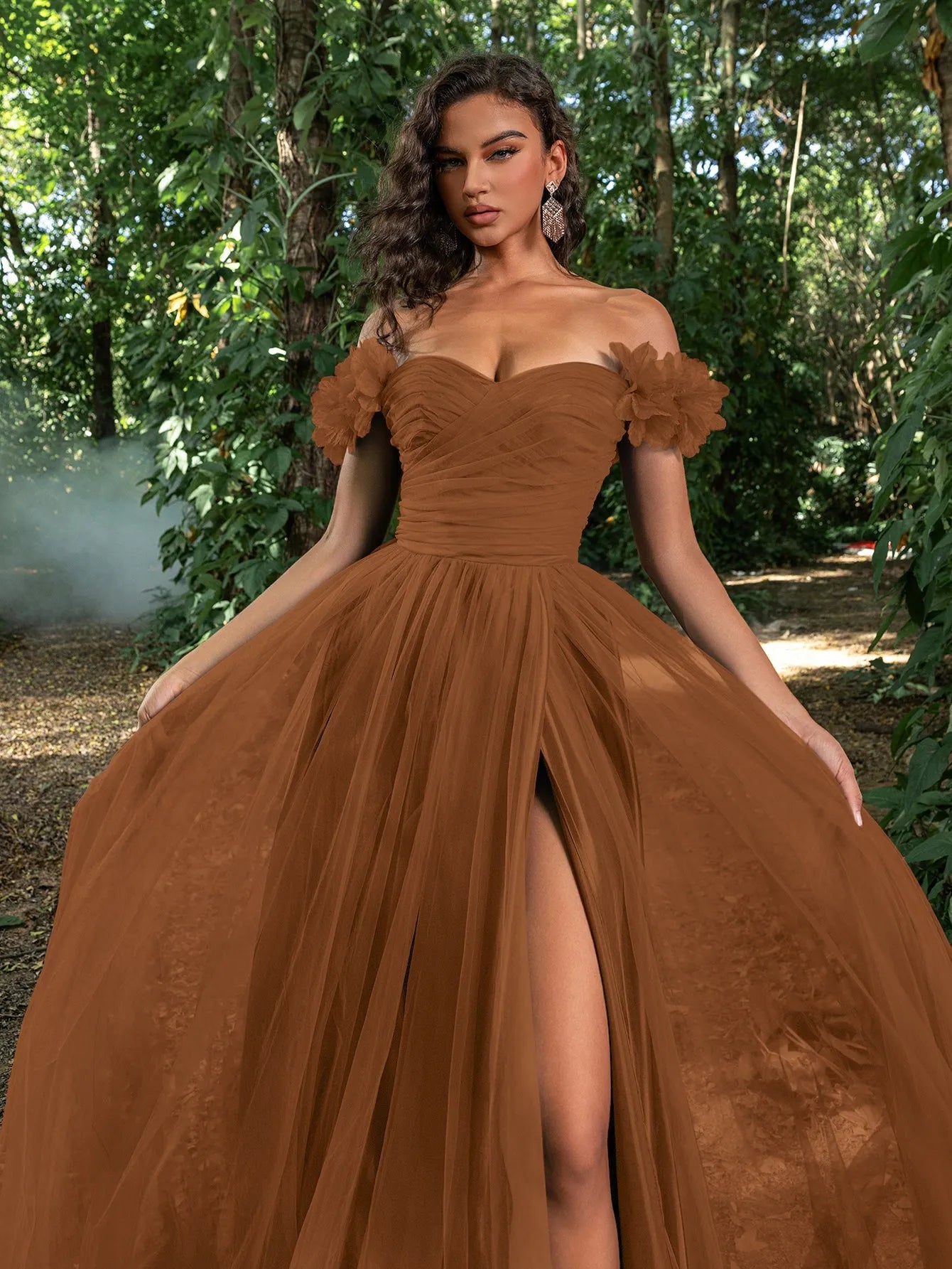 Elegant Off Shoulder Ruched Bust Split Thigh Tulle Prom Dress