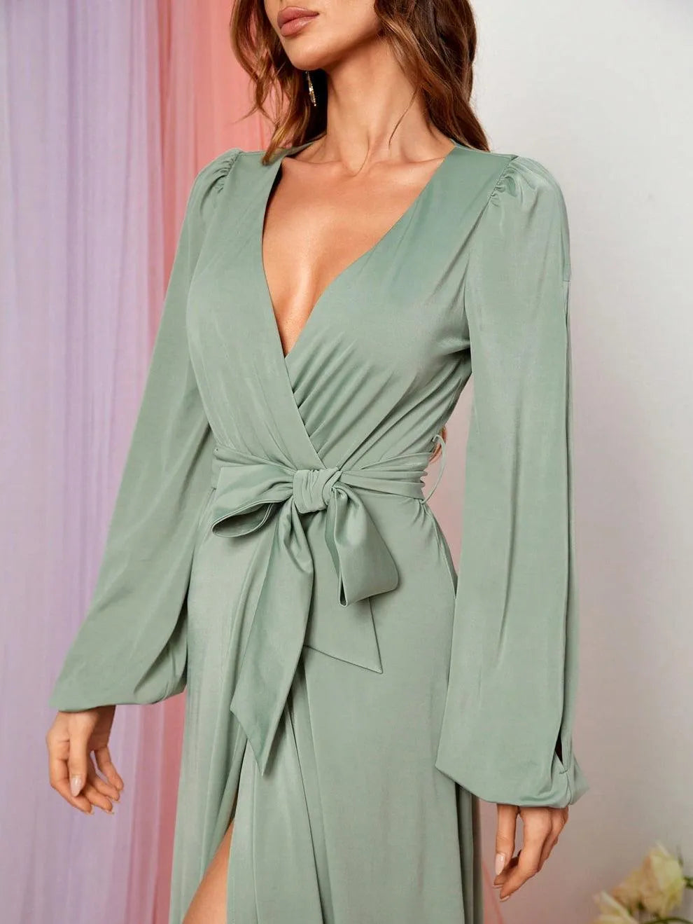 Elegant V Neck Slit Long Sleeve A-Line Dress - Elonnashop