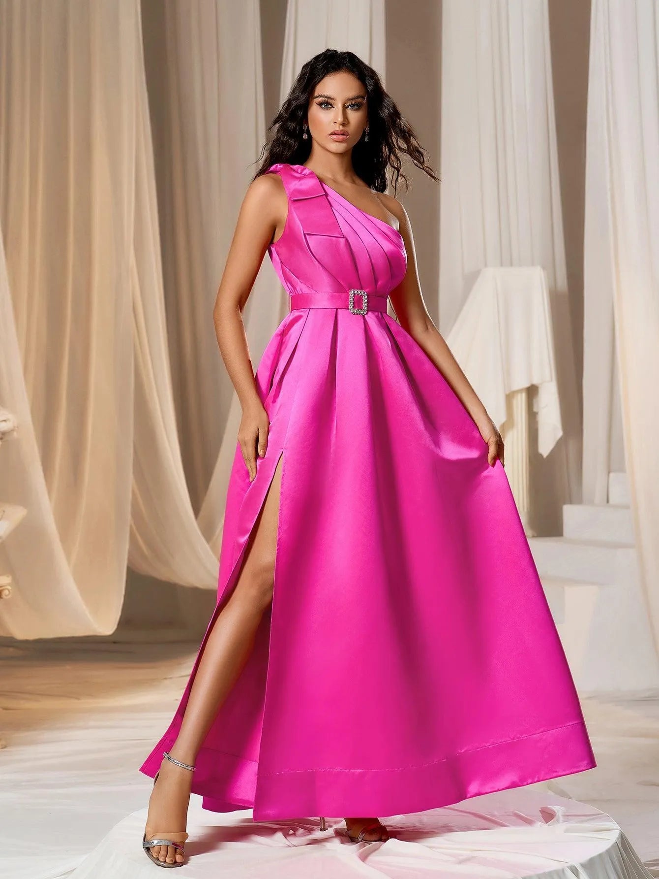 Elegant One Shoulder Sleeveless Satin A line Dresses - Elonnashop