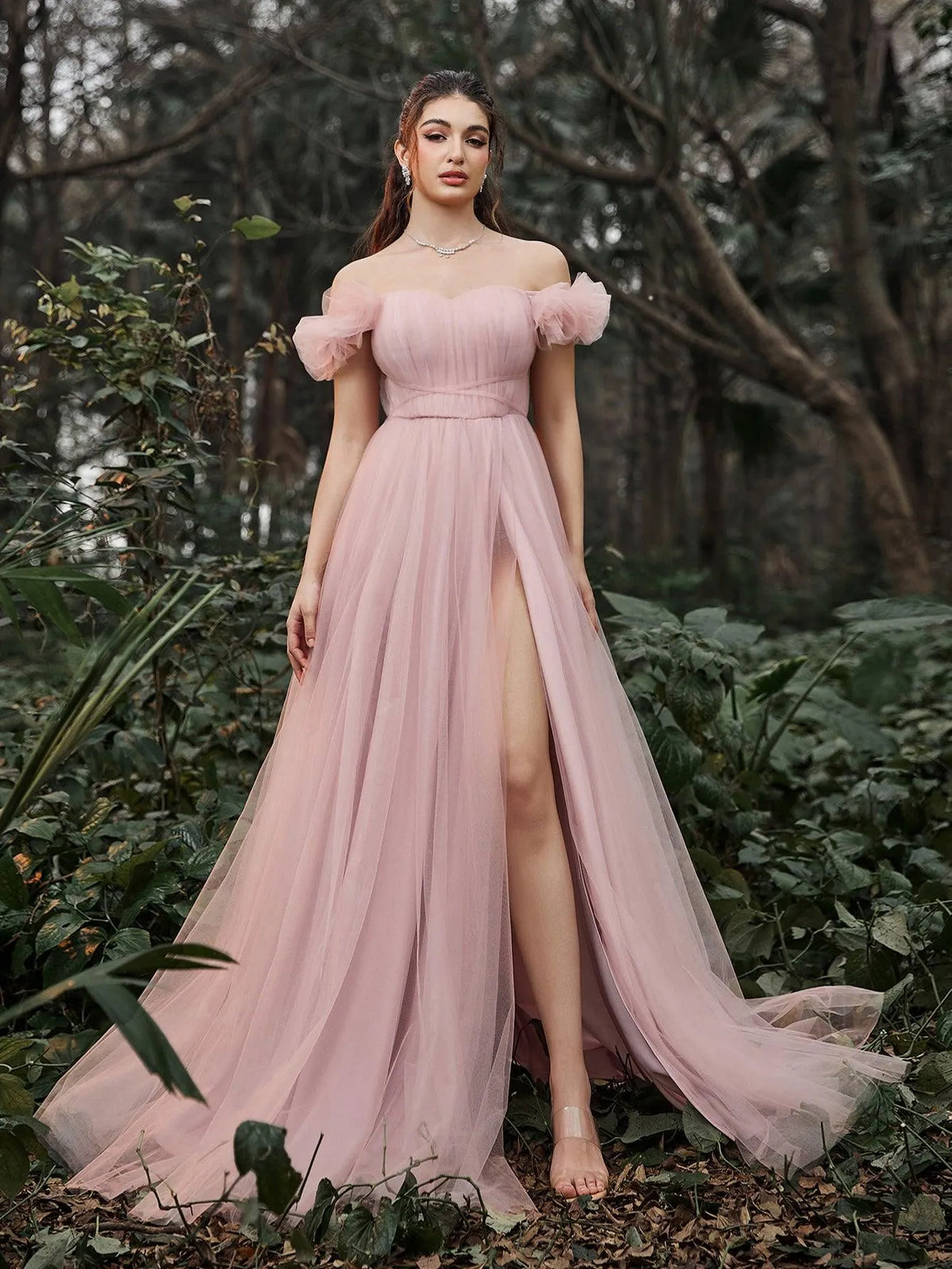 Elegant Off Shoulder Ruched Bust Split Thigh Tulle Evening Dress - Elonnashop