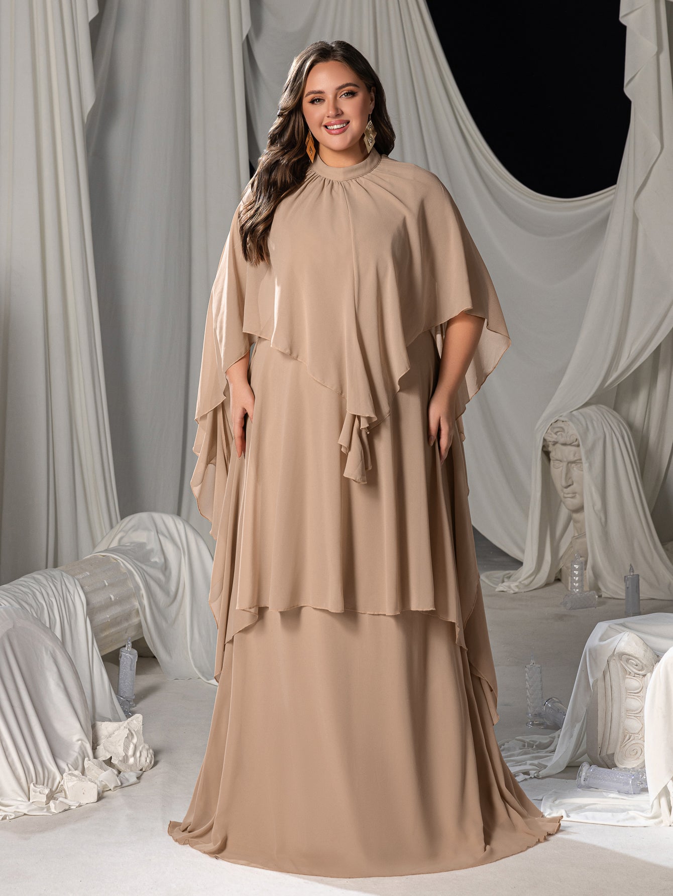 Plus Mock Neck Layered Hem Chiffon Evening Dress