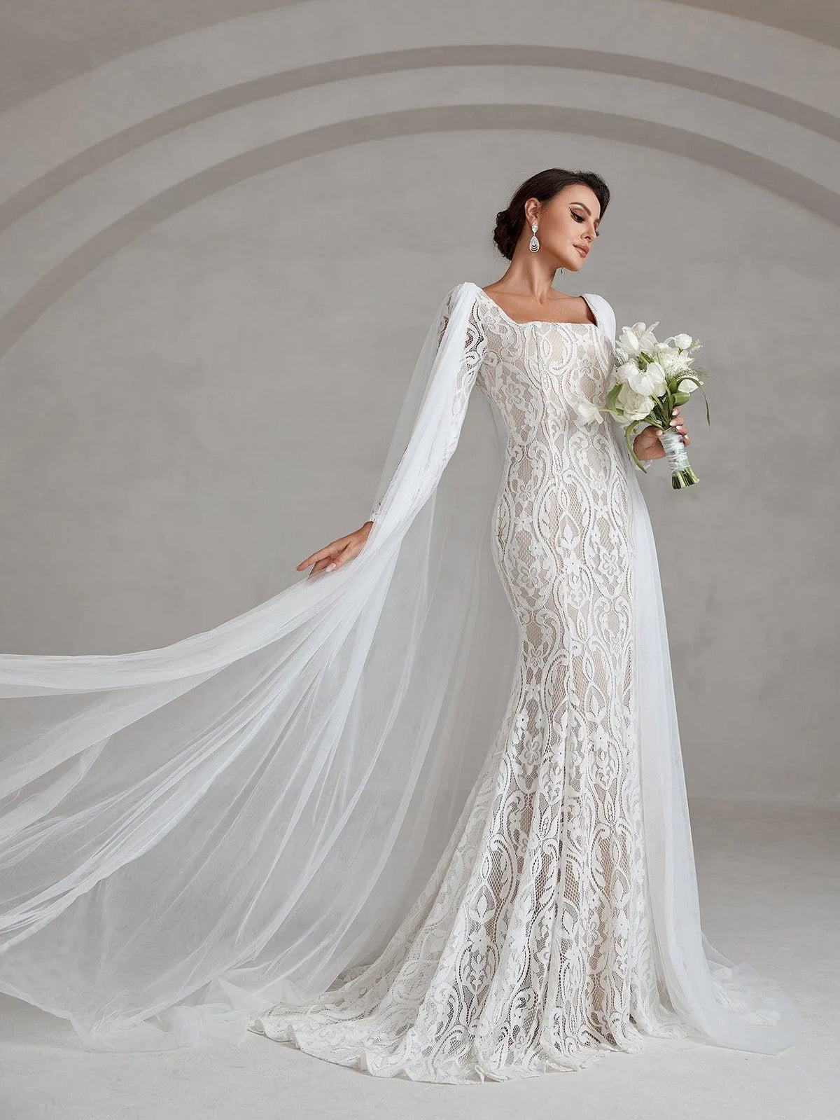 Elegant Square Neck Mermaid Lace Wedding Dress With Cape - Elonnashop