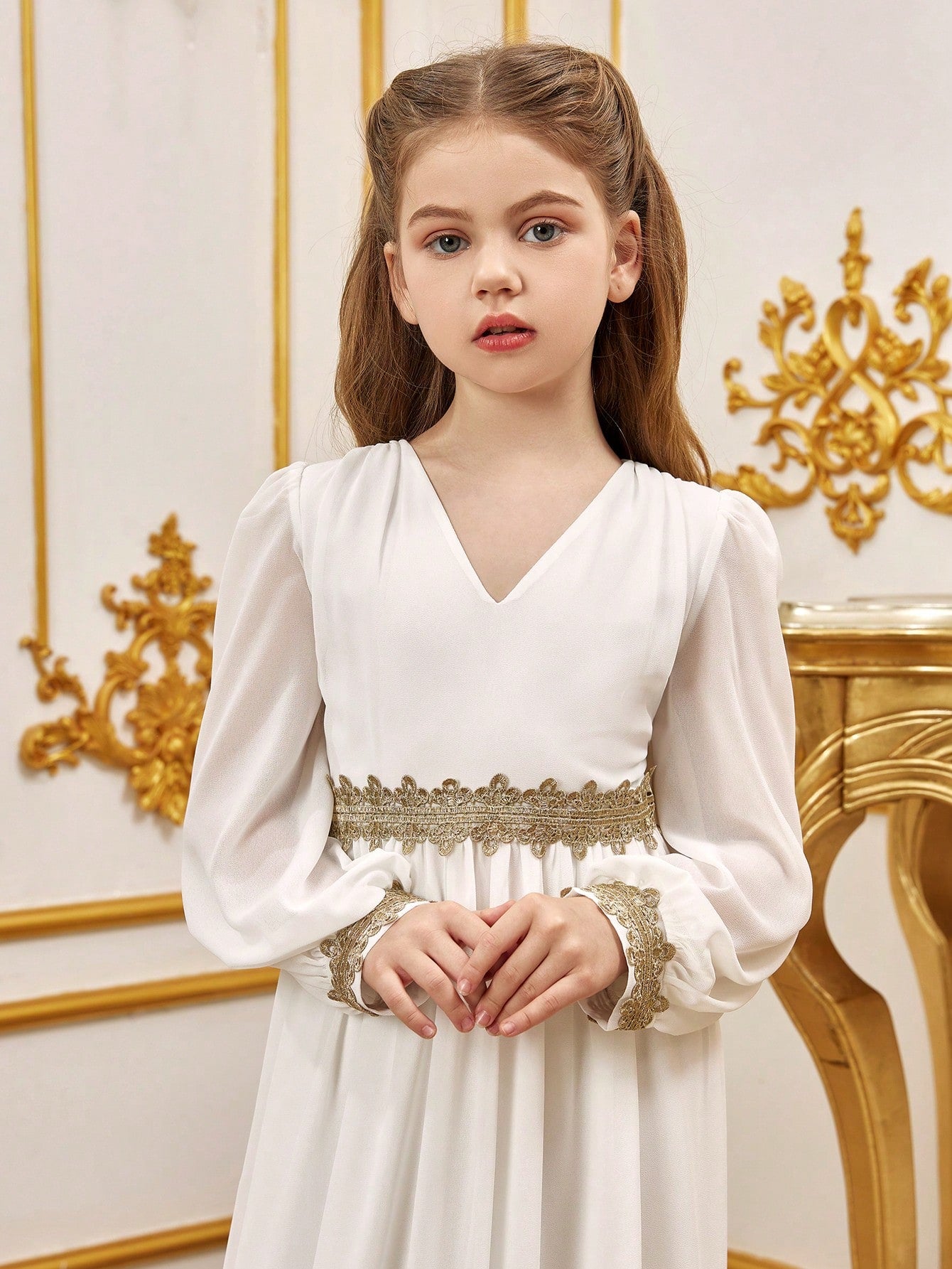 Tween Girls' Lace Trim Decoration V-neck Bishop Sleeves Chiffon Party Dress