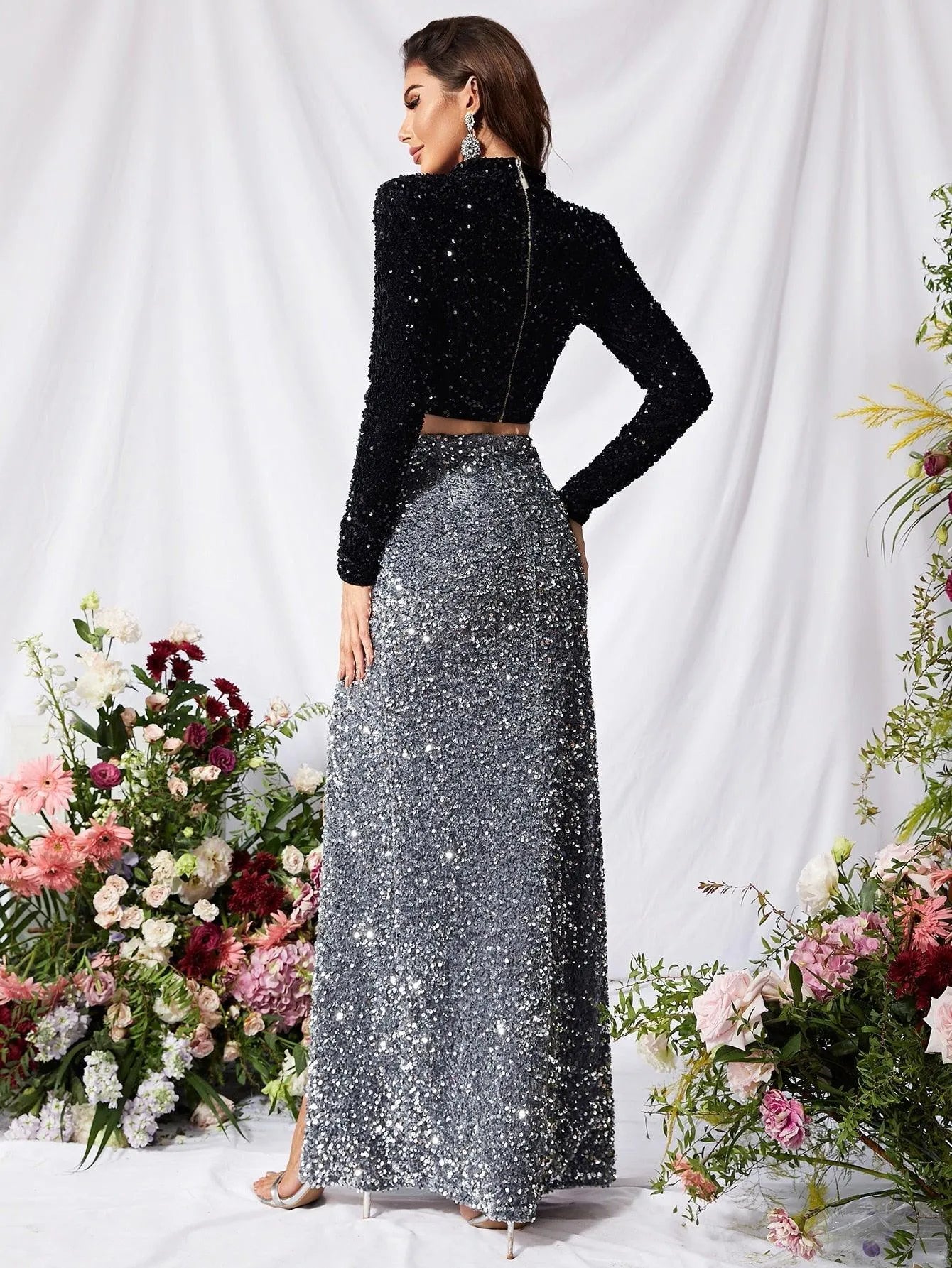 Mock Neck Crop Top Pencil Skirt Two Piece Sequin Set - Elonnashop