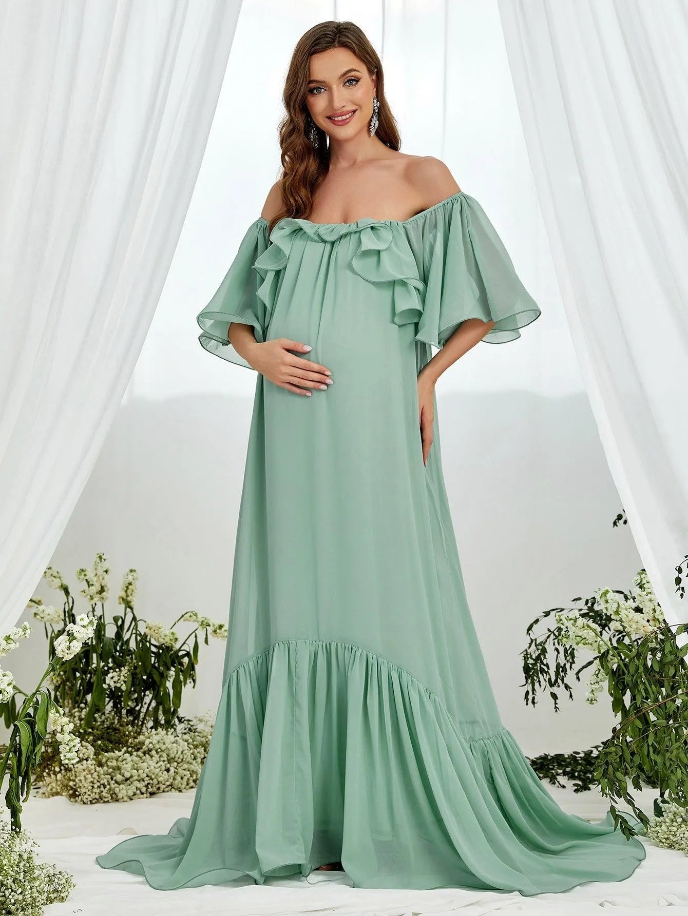 Maternity Off Shoulder Layered Ruffle Sleeves Chiffon Dress - Elonnashop