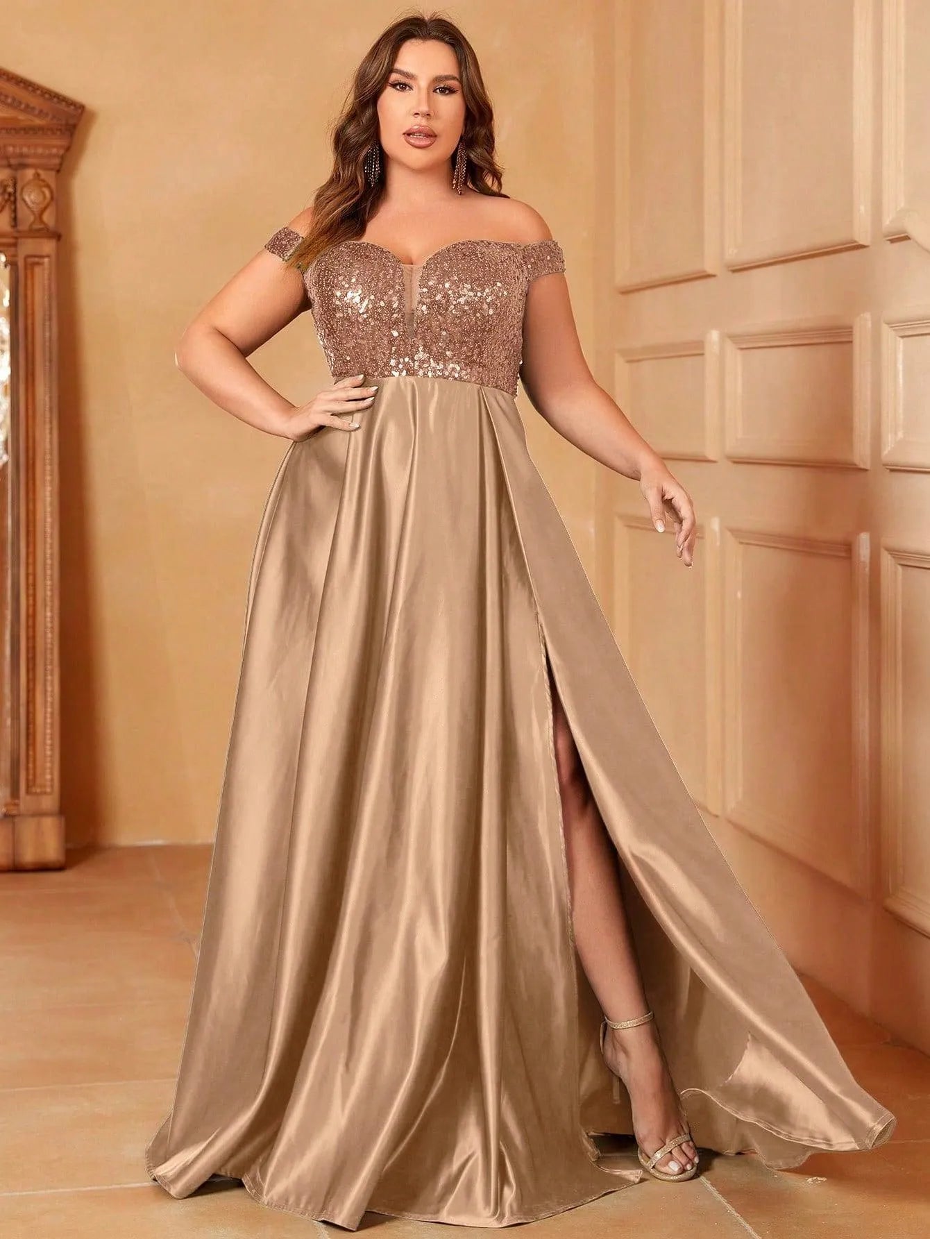 Plus Sweetheart Neckline Contrast Sequin Satin Prom Dress - Elonnashop