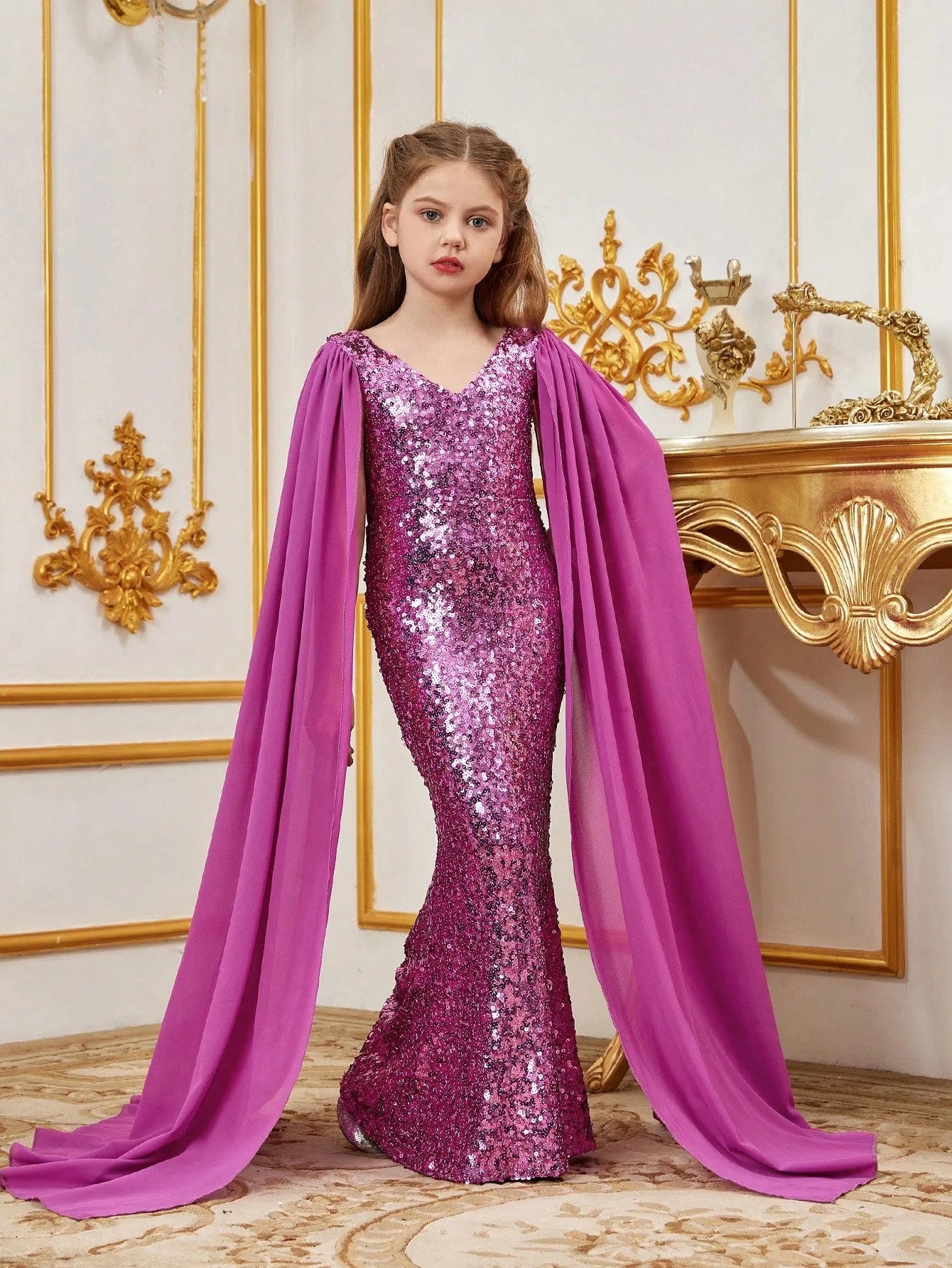 Tween Girls' V Neck Cloak Sleeves Sequin Mermaid Party Dress