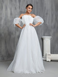 Off Shoulder Pleated Front Puff Sleeve Wedding Dresses - Elonnashop