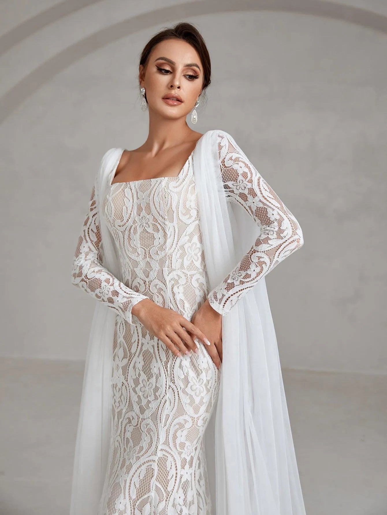 Elegant Square Neck Mermaid Lace Wedding Dress With Cape - Elonnashop